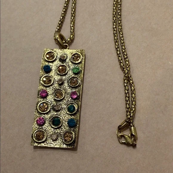 Fabulous Goldtone Rectangular Pendant Necklace with Multicolor Colorful Stones - Picture 3 of 6